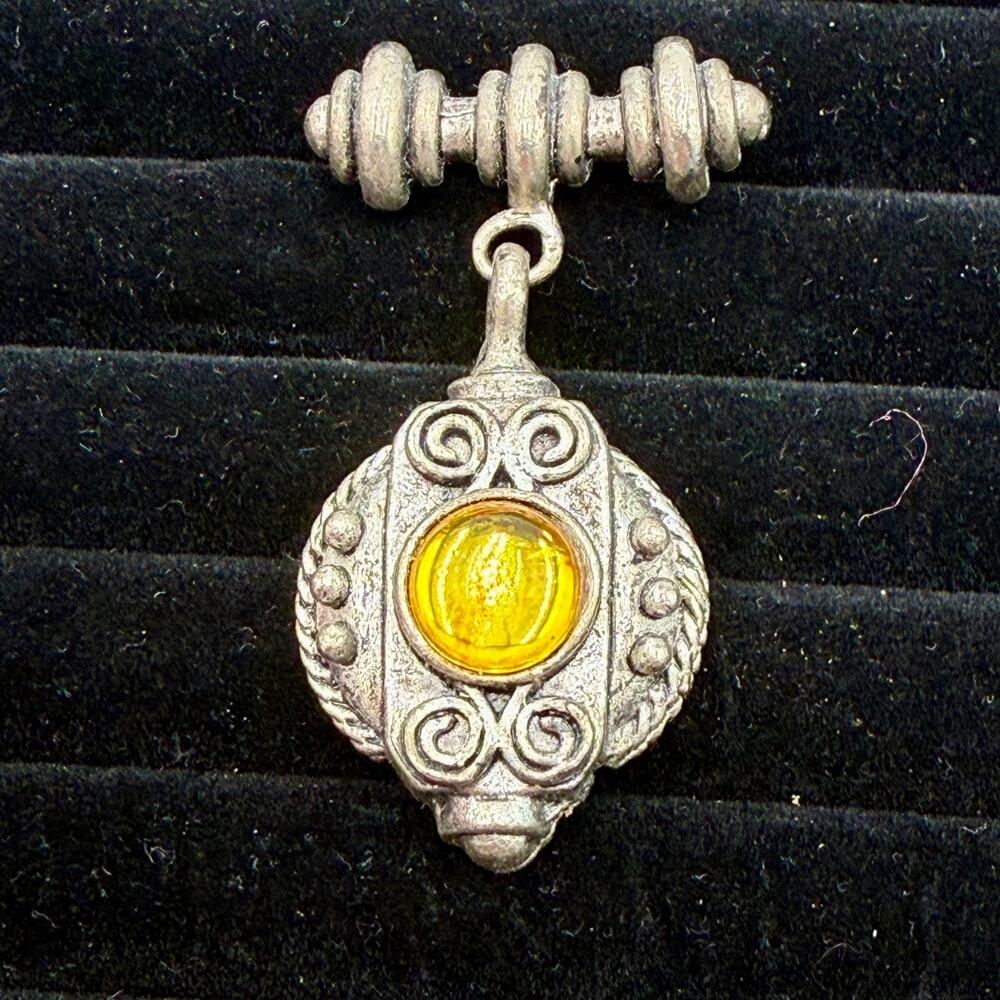 Vintage Silver Tone Brooch Pin Yellow Glass Cabochon Ornate Design 2.5 Inches